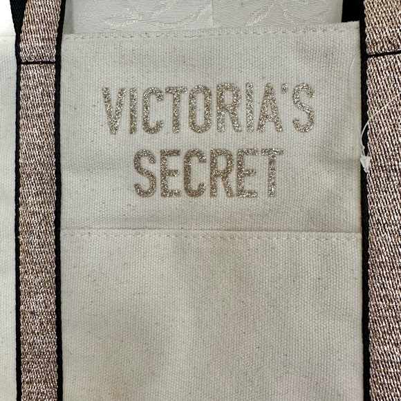 Victoria’s Secret Canvas & Gold Glitter Trim Tote Bag Zipper Top - Picture 13 of 14